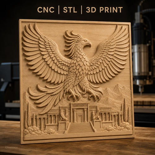 Fichier CNC & impression 3D Phénix mythique, temple ancien avec montagnes et nature, haute qualité relief STL