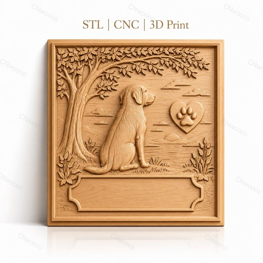 Fichier CNC & impression 3D chien assis, arbre, paysage et patte en cœur, haute qualité relief STL