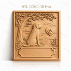 Fichier CNC & impression 3D chien assis, arbre, paysage et patte en cœur, haute qualité relief STL