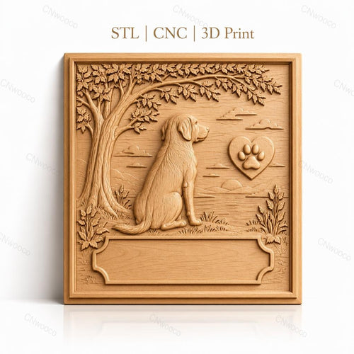 Fichier CNC & impression 3D chien assis, arbre, paysage et patte en cœur, haute qualité relief STL