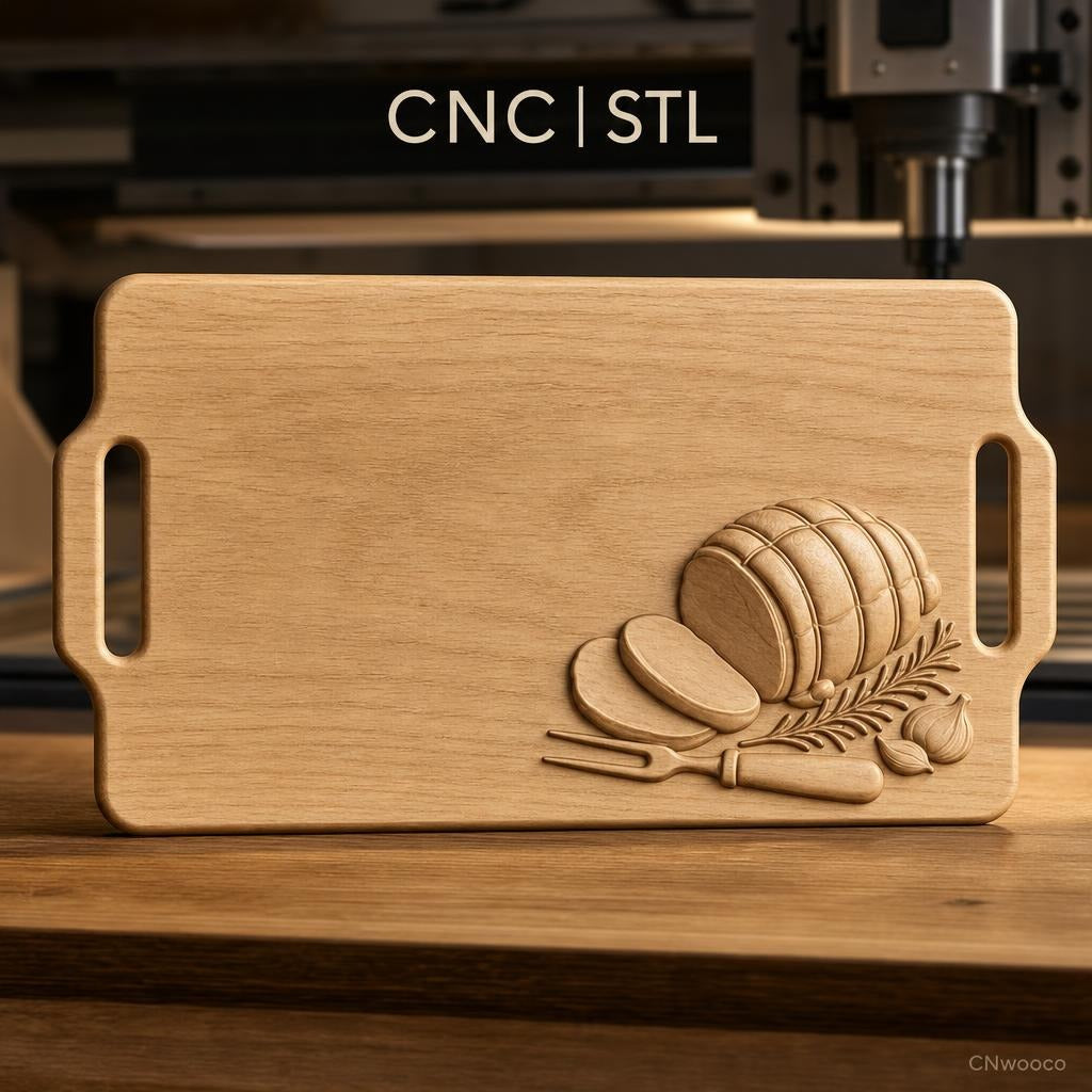 Fichier CNC planche à découper jambon et herbes, bas-relief pour sculpture sur bois, STL