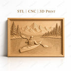 Fichier CNC & impression 3D Kayakiste en rivière, montagnes et pins, haute qualité relief STL