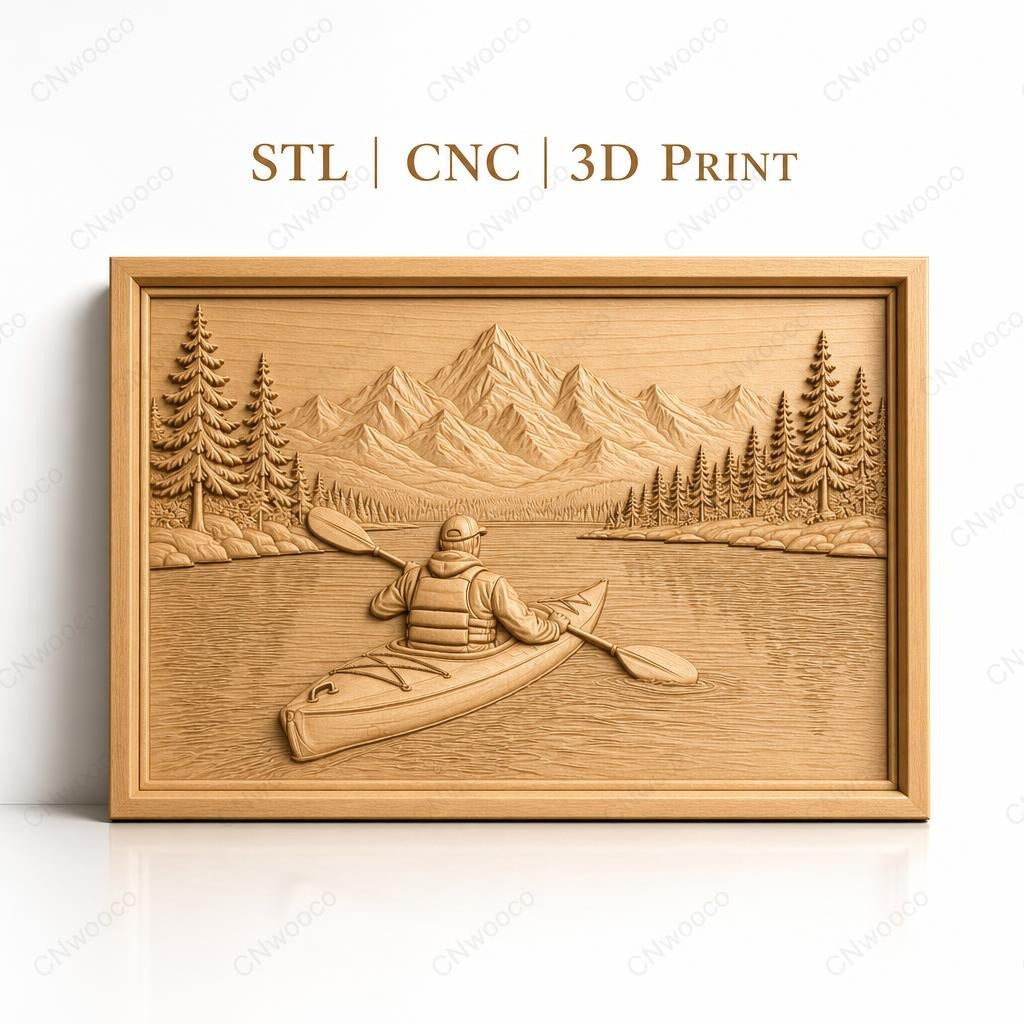 Fichier CNC & impression 3D Kayakiste en rivière, montagnes et pins, haute qualité relief STL