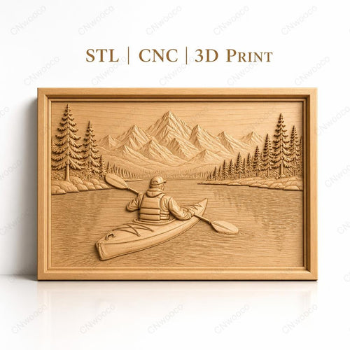 Fichier CNC & impression 3D Kayakiste en rivière, montagnes et pins, haute qualité relief STL