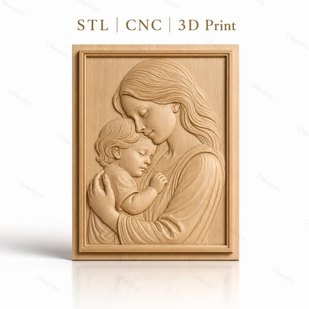 Fichier CNC & impression 3D mère et enfant, portrait en relief doux, haute qualité relief STL