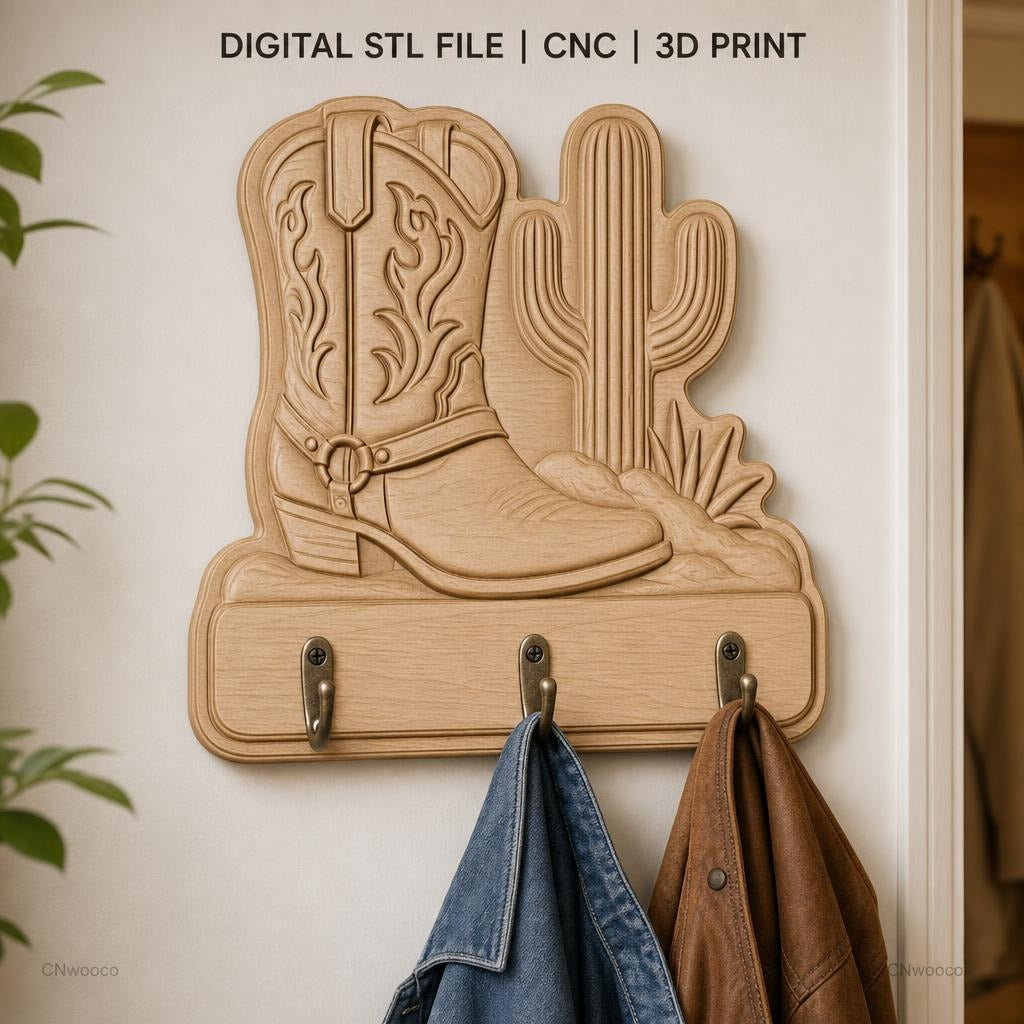 Fichier CNC & impression 3D décoration western bottes et cactus, STL très haute qualité