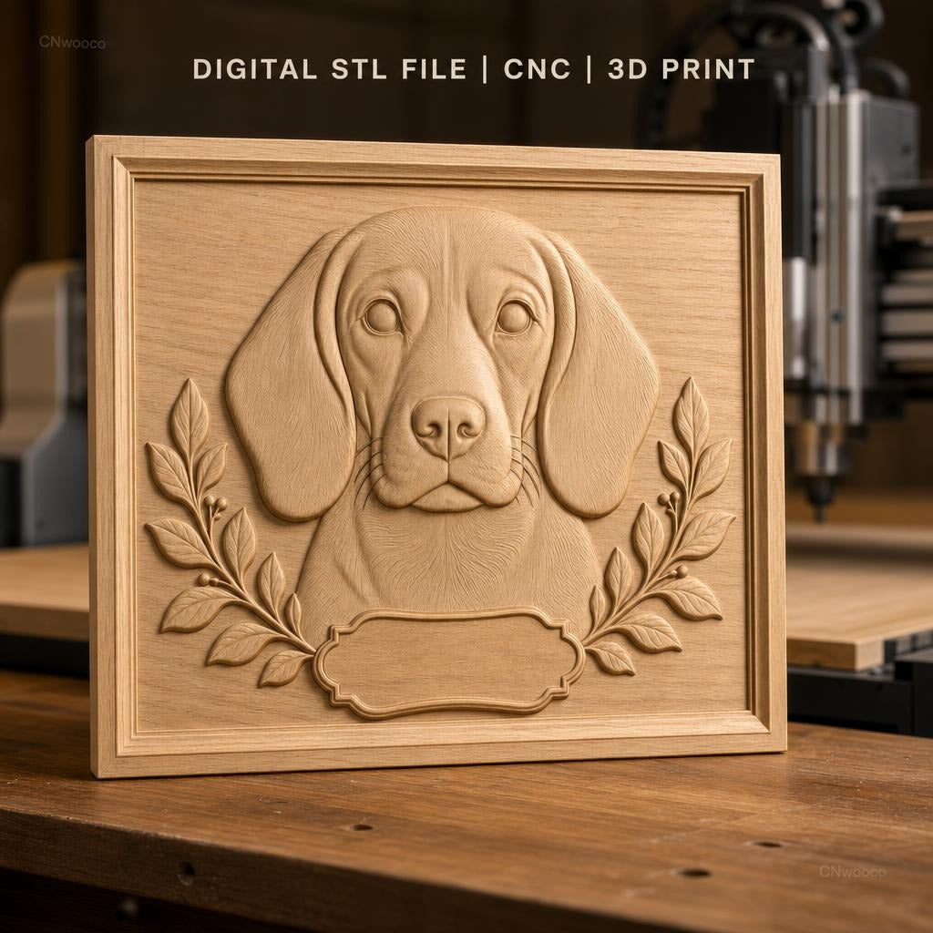 Fichier CNC & impression 3D portrait chien beagle, cadre avec feuilles ornement, haute qualité relief STL