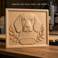 Fichier CNC & impression 3D portrait chien beagle, cadre avec feuilles ornement, haute qualité relief STL