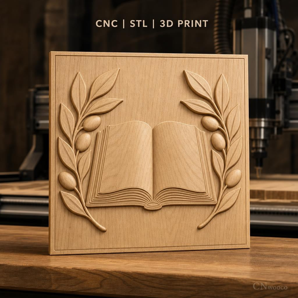 Fichier CNC & impression 3D livre ouvert et branches d'olivier, haute qualité relief STL