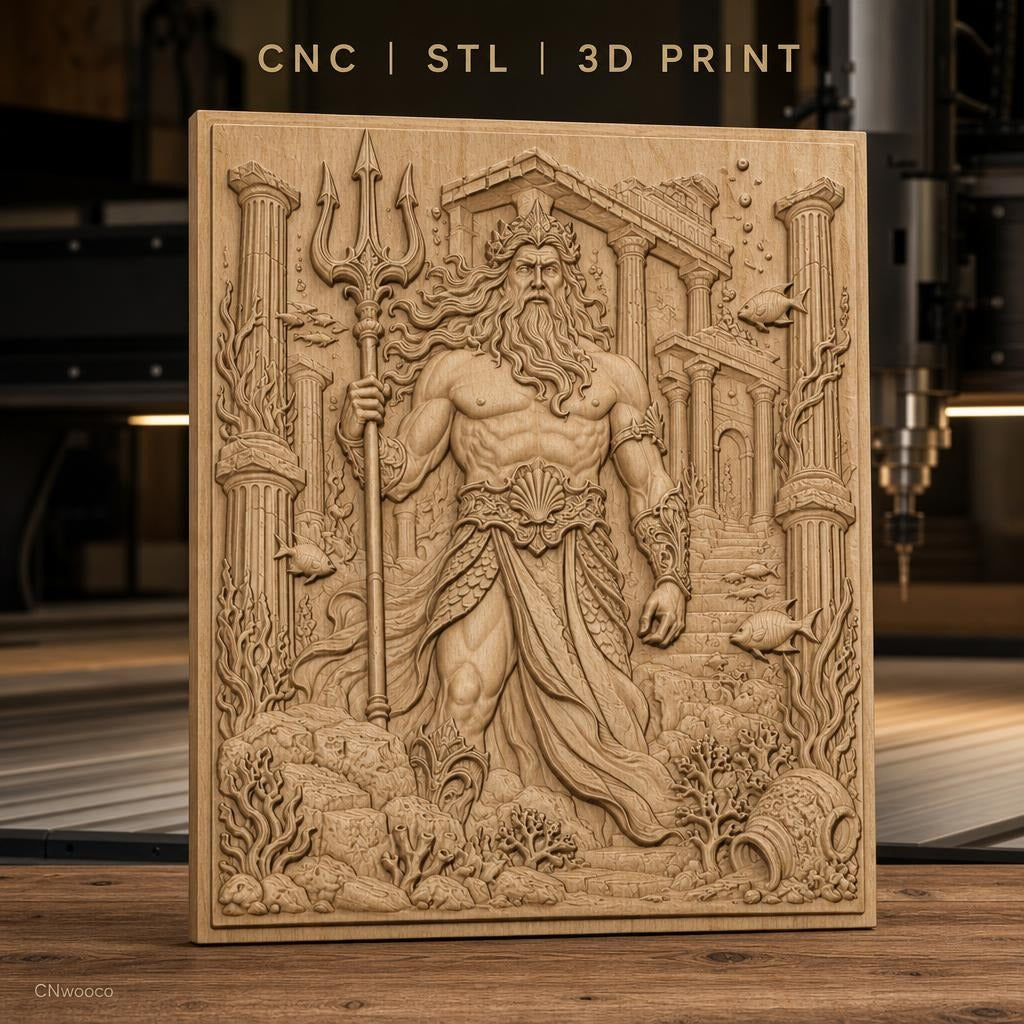 Fichier CNC & impression 3D Poseidon dieu de la mer, trident, ruines antiques, haute qualité relief STL