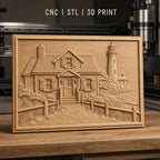 Fichier CNC & impression 3D maison au bord de mer, phare, sentier et végétation, haute qualité relief STL