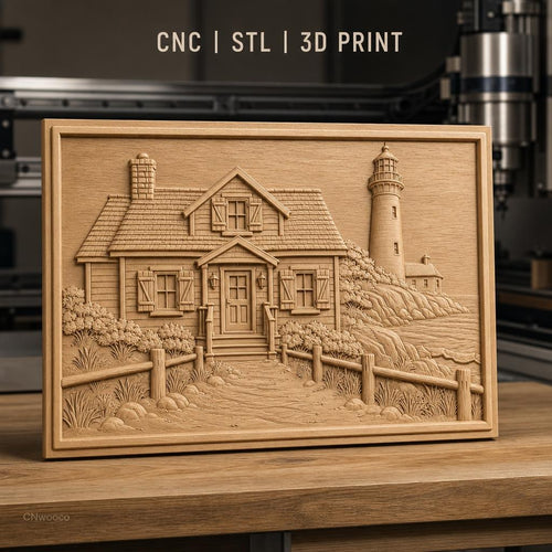 Fichier CNC & impression 3D maison au bord de mer, phare, sentier et végétation, haute qualité relief STL