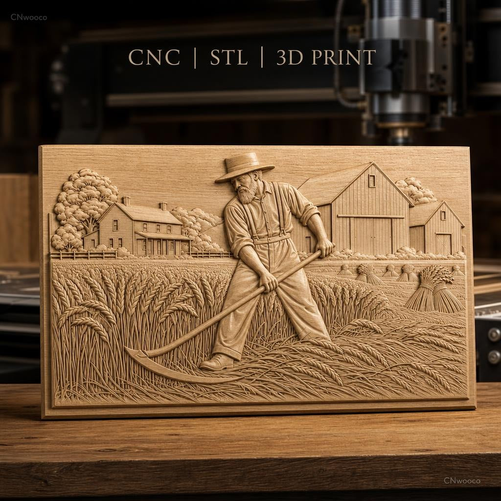 Fichier CNC & impression 3D moisson, fermier avec faux, grange et maison, haute qualité relief STL