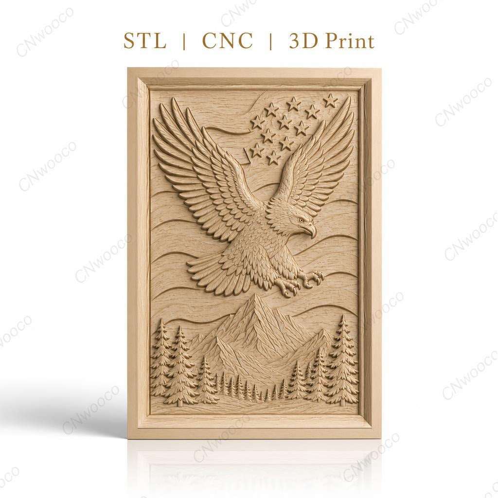 Fichier CNC & impression 3D aigle américain, montagnes, sapins, étoiles, haute qualité relief STL