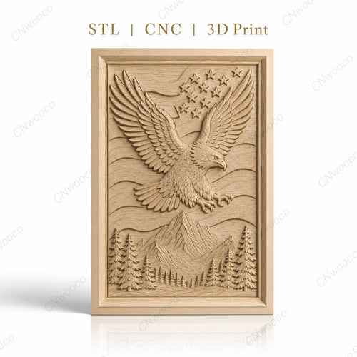 Fichier CNC & impression 3D aigle américain, montagnes, sapins, étoiles, haute qualité relief STL