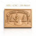 Fichier CNC & impression 3D Noël, bonhomme de neige, sapins et lampadaires, haute qualité relief STL