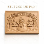 Fichier CNC & impression 3D Noël, bonhomme de neige, sapins et lampadaires, haute qualité relief STL