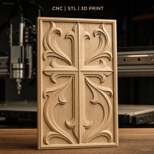 Fichier CNC & impression 3D croix décorative, motifs floraux sculptés, haute qualité relief STL