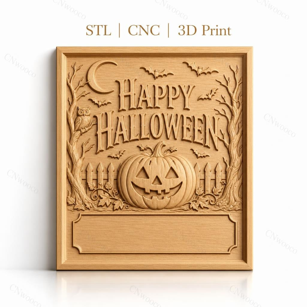 Fichier CNC & impression 3D Halloween, citrouille jack-o-lantern, chauves-souris et hibou, haute qualité relief STL
