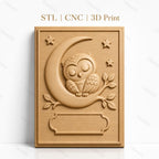 Fichier CNC & impression 3D chouette endormie sur lune avec étoiles et branche, haute qualité relief STL