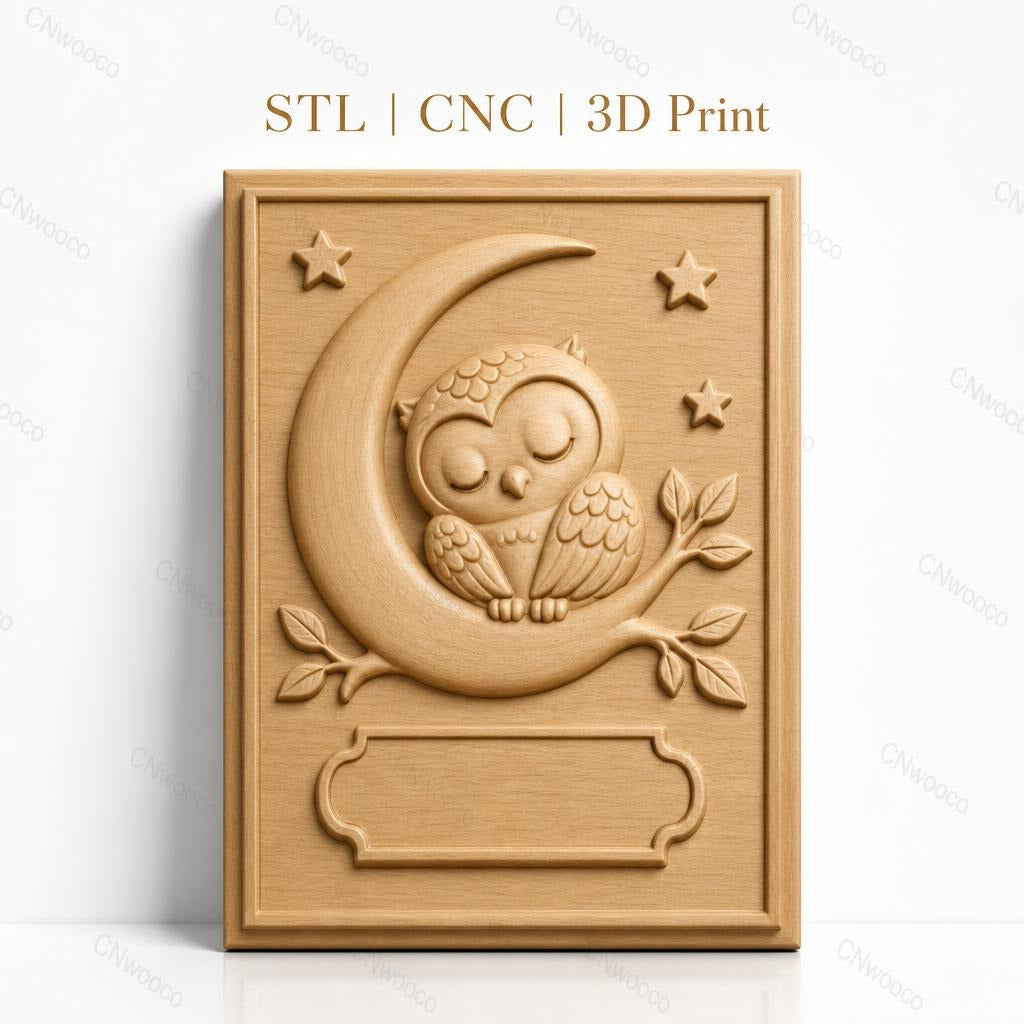 Fichier CNC & impression 3D chouette endormie sur lune avec étoiles et branche, haute qualité relief STL