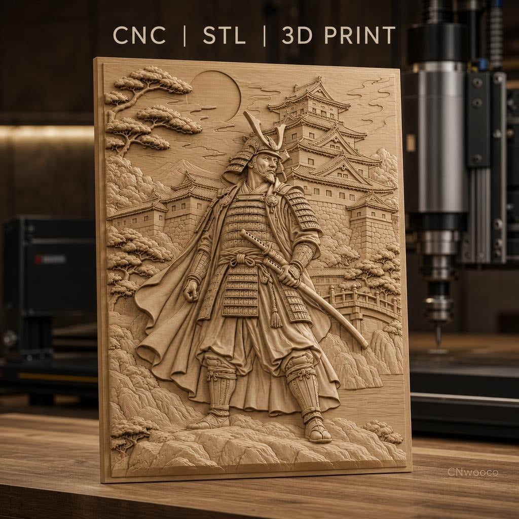 Fichier CNC & impression 3D samouraï japonais, château traditionnel, paysage montagneux, haute qualité relief STL