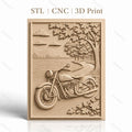 Fichier CNC & impression 3D moto vintage, chemin forestier et lac, haute qualité relief STL