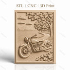 Fichier CNC & impression 3D moto vintage, chemin forestier et lac, haute qualité relief STL