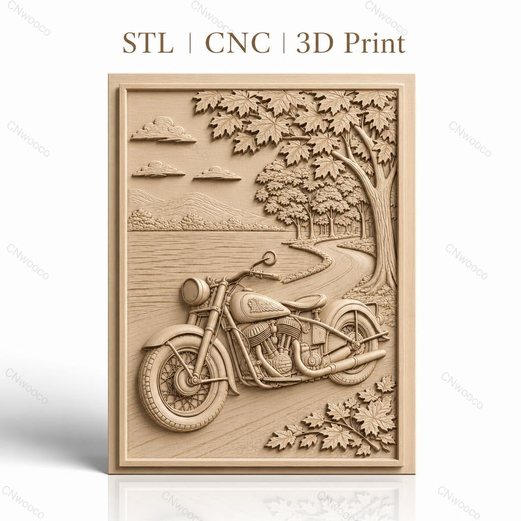 Fichier CNC & impression 3D moto vintage, chemin forestier et lac, haute qualité relief STL