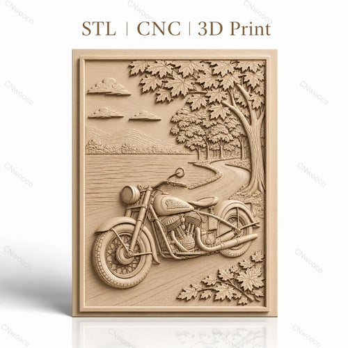 Fichier CNC & impression 3D moto vintage, chemin forestier et lac, haute qualité relief STL