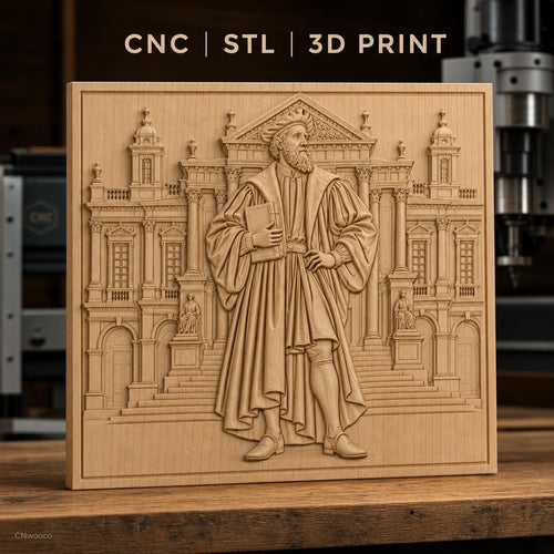 Fichier CNC & impression 3D explorateur Renaissance, homme en habit d'époque et architecture classique, haute qualité relief STL