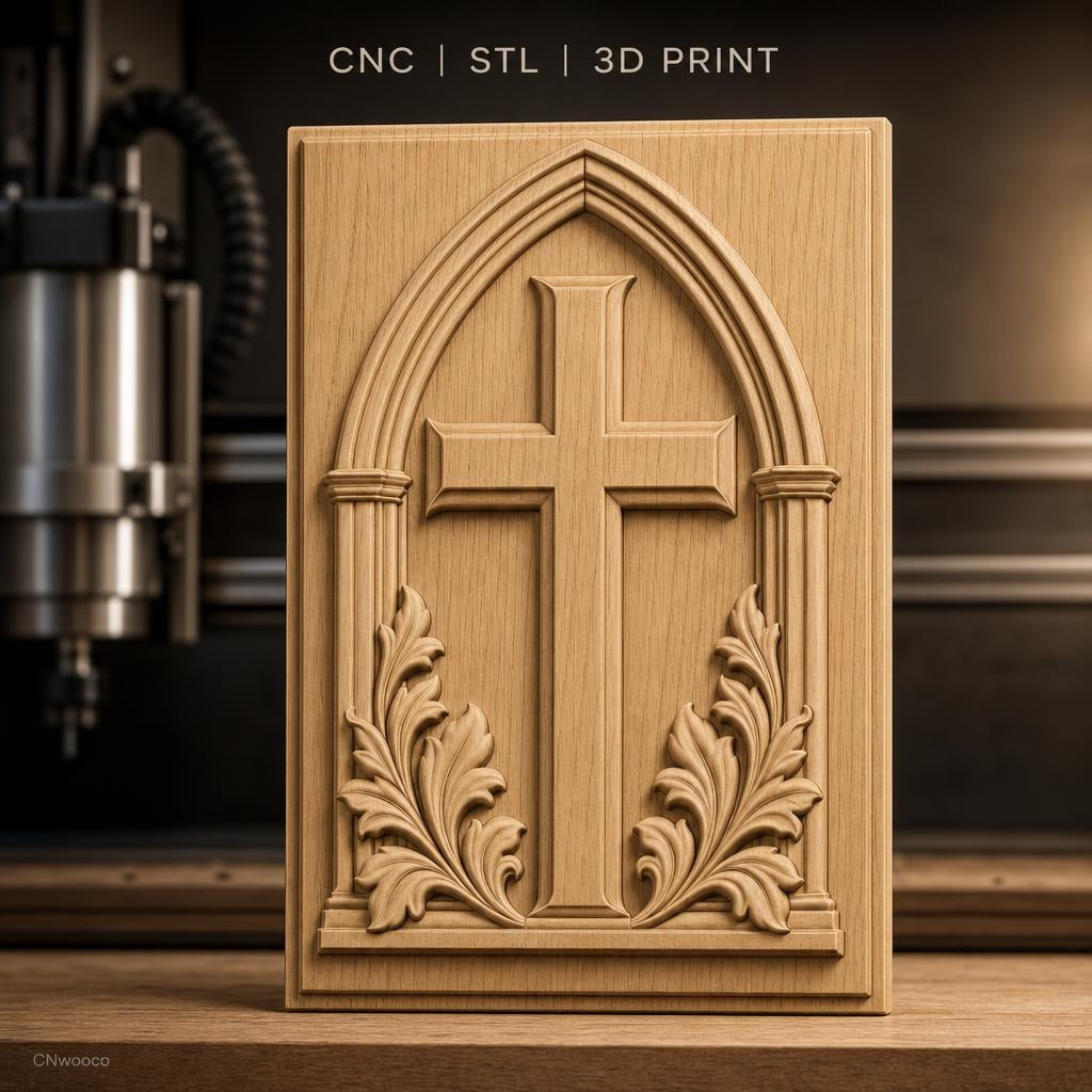 Fichier CNC & impression 3D croix chrétienne avec feuillage ornemental, haute qualité relief STL