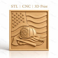 Fichier CNC & impression 3D drapeau américain, casque pompier, hache et tuyau, haute qualité relief STL