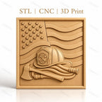 Fichier CNC & impression 3D drapeau américain, casque pompier, hache et tuyau, haute qualité relief STL