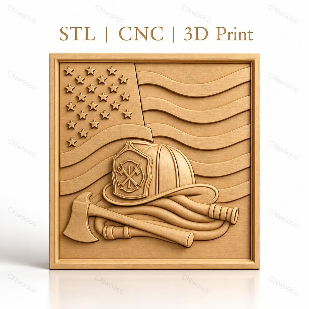 Fichier CNC & impression 3D drapeau américain, casque pompier, hache et tuyau, haute qualité relief STL