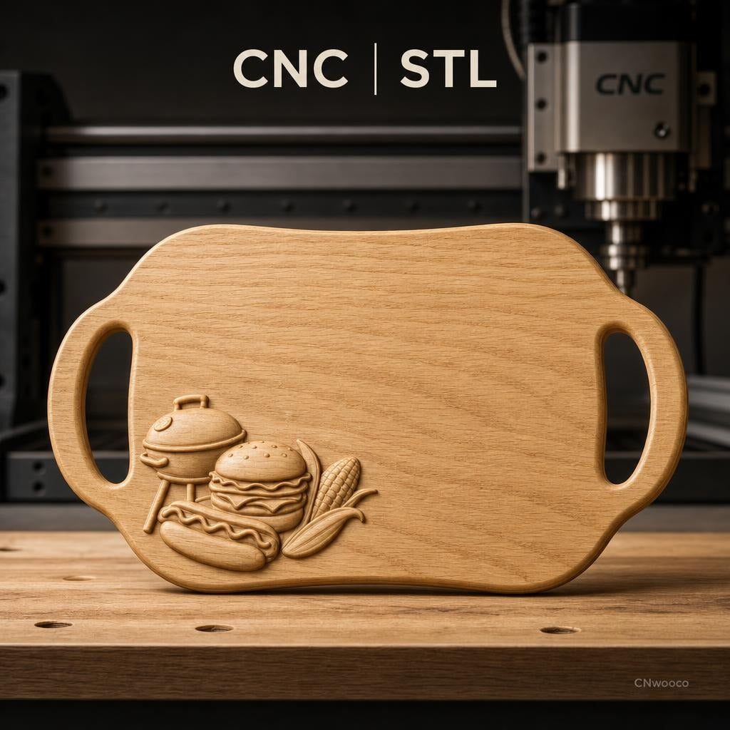 Fichier CNC barbecue, burger, hot dog et épi de maïs, bas-relief pour sculpture sur bois, STL
