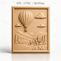Fichier CNC & impression 3D montgolfière, village, collines, nuages, haute qualité relief STL