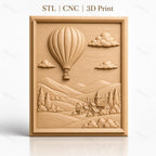 Fichier CNC & impression 3D montgolfière, village, collines, nuages, haute qualité relief STL