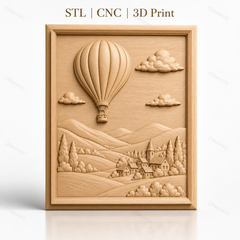 Fichier CNC & impression 3D montgolfière, village, collines, nuages, haute qualité relief STL