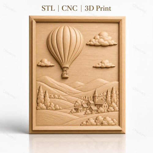 Fichier CNC & impression 3D montgolfière, village, collines, nuages, haute qualité relief STL