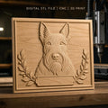 Fichier CNC & impression 3D chien Scottish Terrier portrait avec branches décoratives, haute qualité relief STL