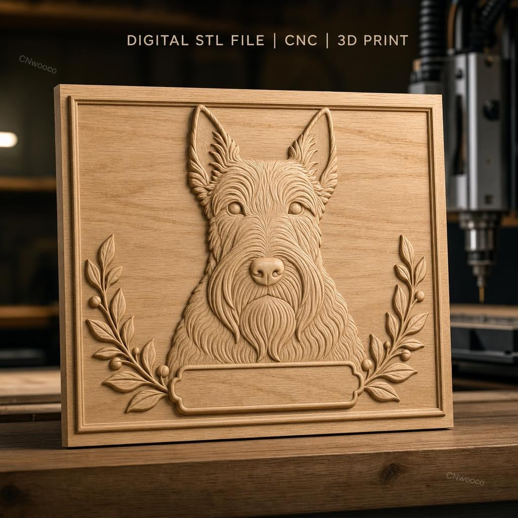 Fichier CNC & impression 3D chien Scottish Terrier portrait avec branches décoratives, haute qualité relief STL