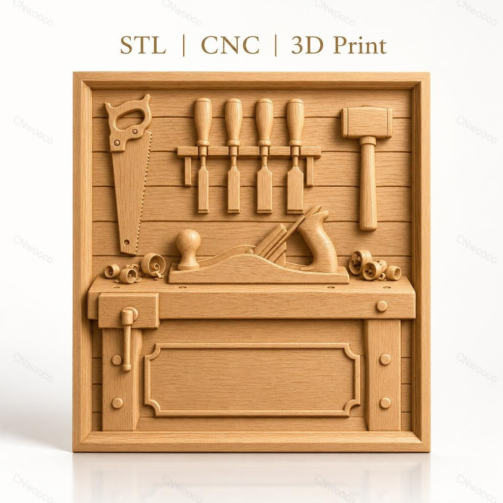 Fichier CNC & impression 3D atelier de menuiserie, établi, outils à bois, haute qualité relief STL