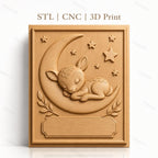 Fichier CNC & impression 3D bébé cerf endormi sur lune avec étoiles, branches décoratives, haute qualité relief STL