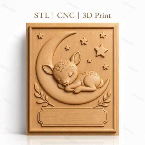 Fichier CNC & impression 3D bébé cerf endormi sur lune avec étoiles, branches décoratives, haute qualité relief STL
