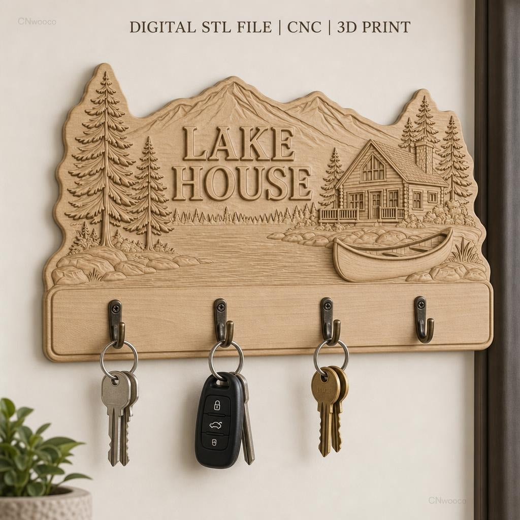 Fichier CNC porte-clés mural enseigne murale Lake House nature, décor chalet et forêt, STL très haute qualité