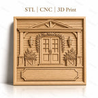 Fichier CNC & impression 3D façade de maison avec porte, fleurs, lanternes, haute qualité relief STL