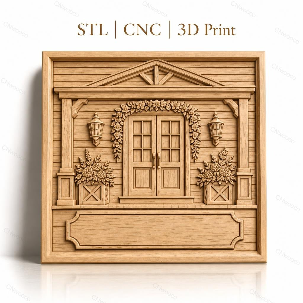 Fichier CNC & impression 3D façade de maison avec porte, fleurs, lanternes, haute qualité relief STL