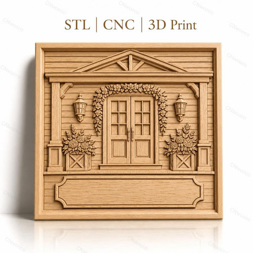 Fichier CNC & impression 3D façade de maison avec porte, fleurs, lanternes, haute qualité relief STL