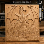 Fichier CNC & impression 3D dragon légendaire et château médiéval, haute qualité relief STL